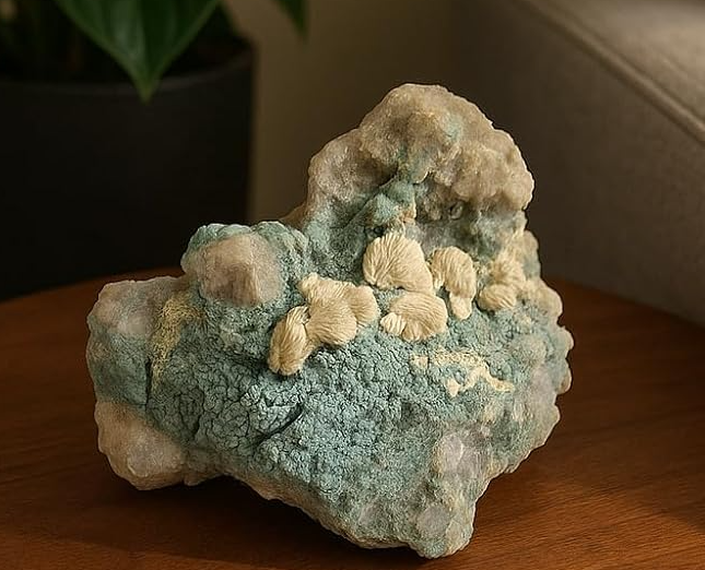 Barita Natural em matriz verde para decoração de altares, coleções minerais e ambientes inspirados na Umbanda