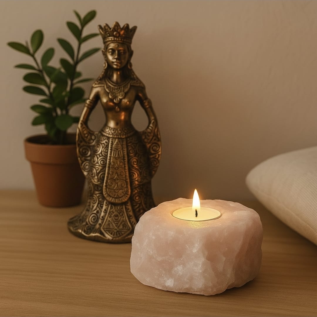 Base para vela em Quartzo Rosa Natural com acabamento mineral exclusivo.