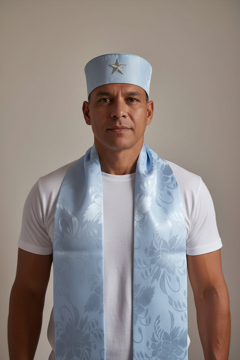 Conjunto de Estola e Filá Jacquard Azul Claro Umbanda Roupas Axê Terreiro Mãe Yemanjà Gira