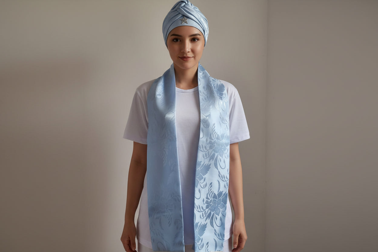 Conjunto de Estola e Filá Jacquard Azul Claro Umbanda Roupas Axê Terreiro Mãe Yemanjà Gira