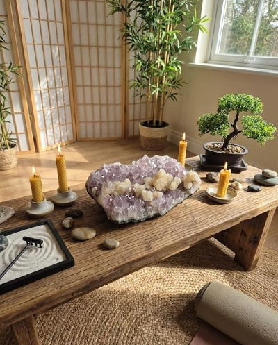 Cristal Natural de Ametista com Calcita Mel para decoração de altares, coleções minerais e espaços inspirados na Umbanda