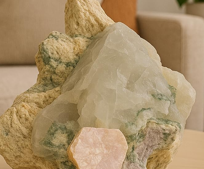 Cristal Natural de Quartzo Leitoso com Clorita Verde representando os Tronos do Amor e do Conhecimento