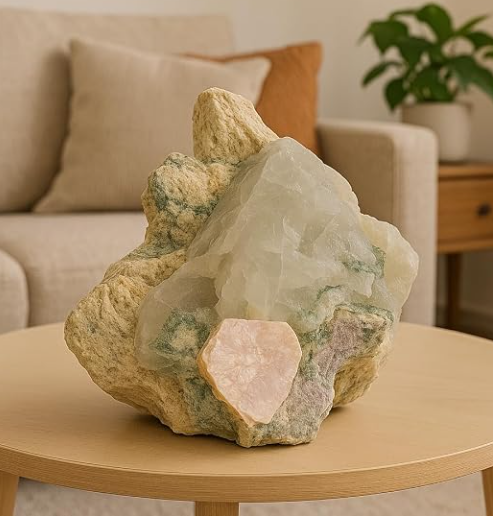 Cristal Natural de Quartzo Leitoso com Clorita Verde representando os Tronos do Amor e do Conhecimento