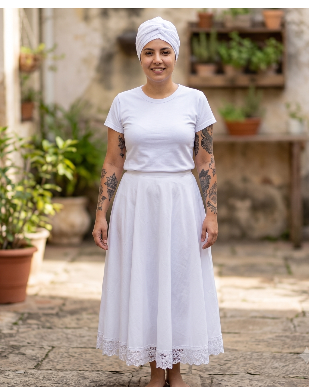 Filá feminino branco em laise com acabamento delicado para cerimônias e rituais de Umbanda