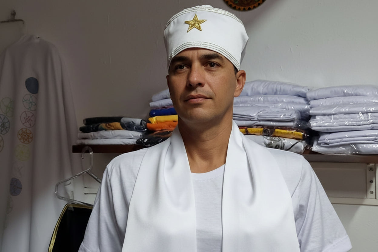Fila Masculino Sacerdócio 3 Roupas Umbanda Axê Terreiro Gira Brancas Ceremônia Ritual Iniciação Sacerdote Medium