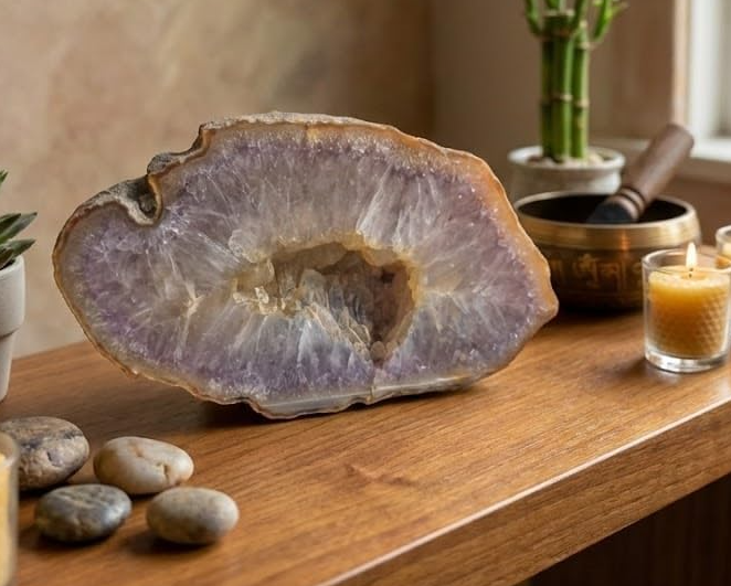 Geodo Natural de Ágata Roxa fotografado em ambiente decorativo valorizando sua beleza geológica