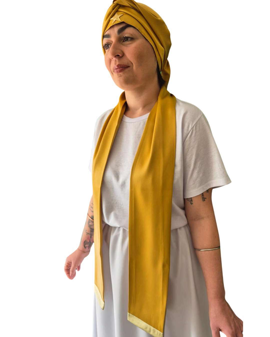Pano de Cabeça e Estola Feminino Sacerdotal Dourado Turbante Roupas de Umbanda Terreiro