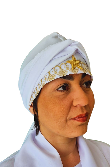 Pano de Cabeça e Estola Feminino Sacerdotal barra Dourada Roupas Umbanda Axê Terreiro Sacerdotiza Medium Gira