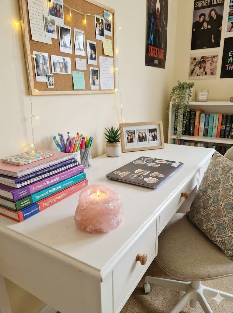 Porta-velas em Quartzo Rosa Natural com vela acesa do Trono do Amor Mãe Oxum.