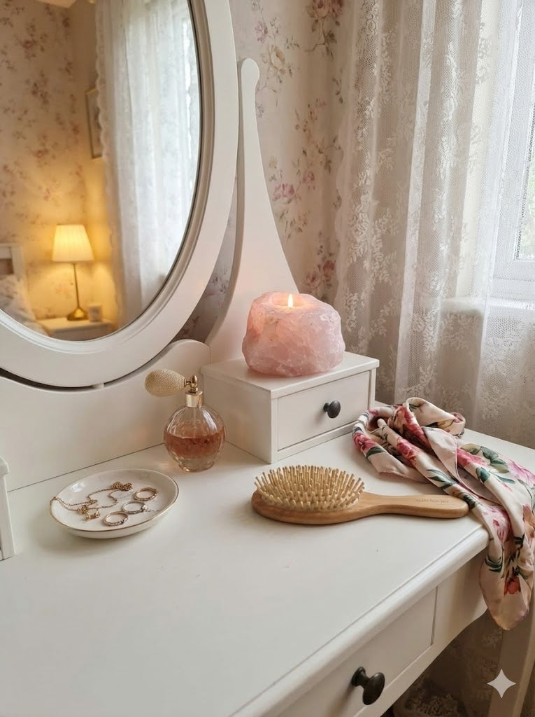 Porta-velas em cristal Quartzo Rosa Natural para decoração elegante.