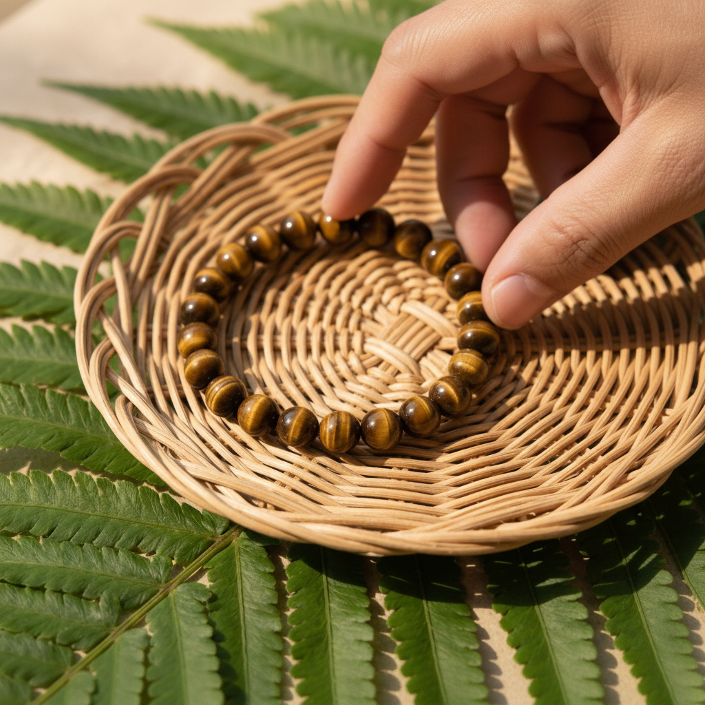 Pulseira Pedra Natural Olho de Tigre - Trono da Justiça - Pai Xangô | Roupas do Axê