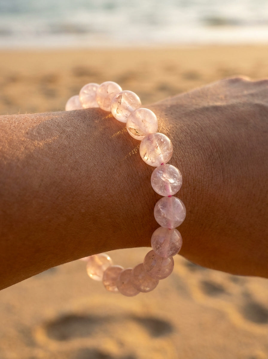 Pulseira de Pedra Quartzo Rosa Natural - Trono do Amor - Mãe Oxum - Cura Emocional e Harmonia | Roupas de Umbanda