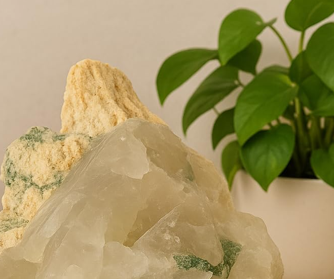Quartzo Leitoso Natural com Clorita Verde e Mica Rosa Premium 1,178 kg – Tronos do Amor e do Conhecimento