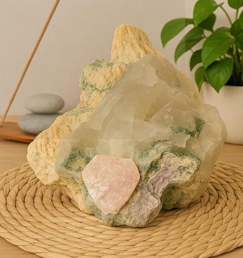 Quartzo Leitoso Natural com Clorita Verde e Mica Rosa da coleção Cristais Naturais da Roupas do Axê