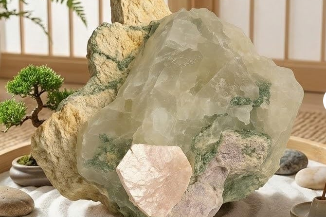 Quartzo Leitoso Natural com Mica Rosa e Clorita Verde da coleção Cristais Naturais da Roupas do Axê em ambiente decorativo
