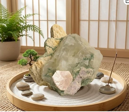 Quartzo Leitoso Natural com Mica Rosa e Clorita Verde da coleção Cristais Naturais da Roupas do Axê em ambiente decorativo