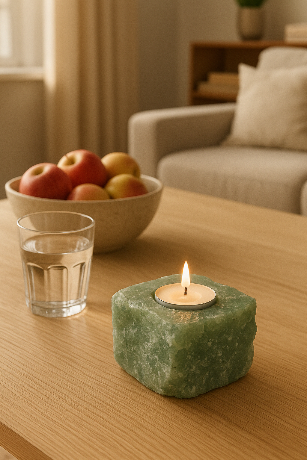 Quartzo Verde Natural utilizado como porta-velas decorativo.