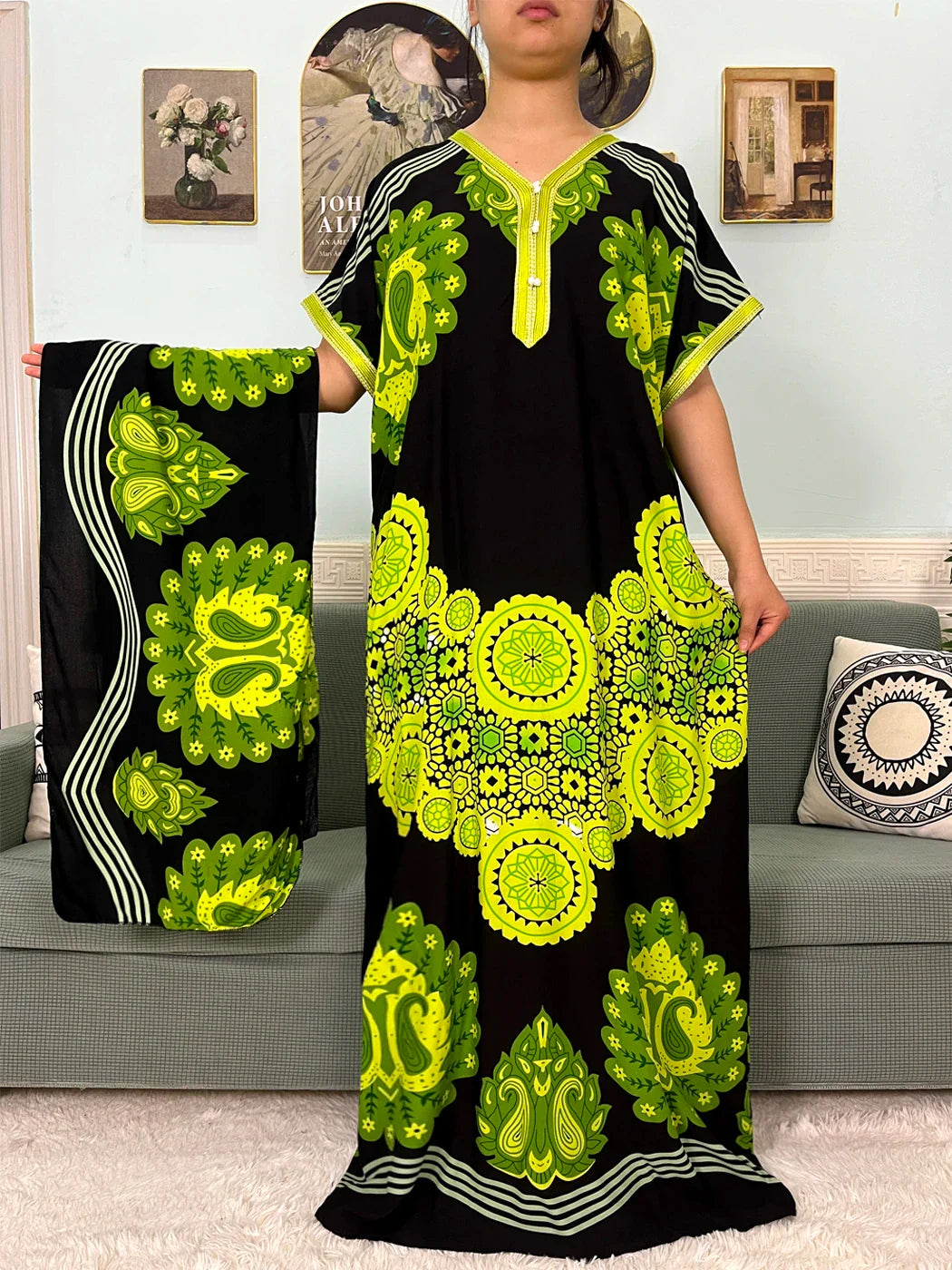 2024 algodão muçulmano abayas para mulheres apliques impresso caftan marroquino femme robe boubou africano islam vestidos com lenço