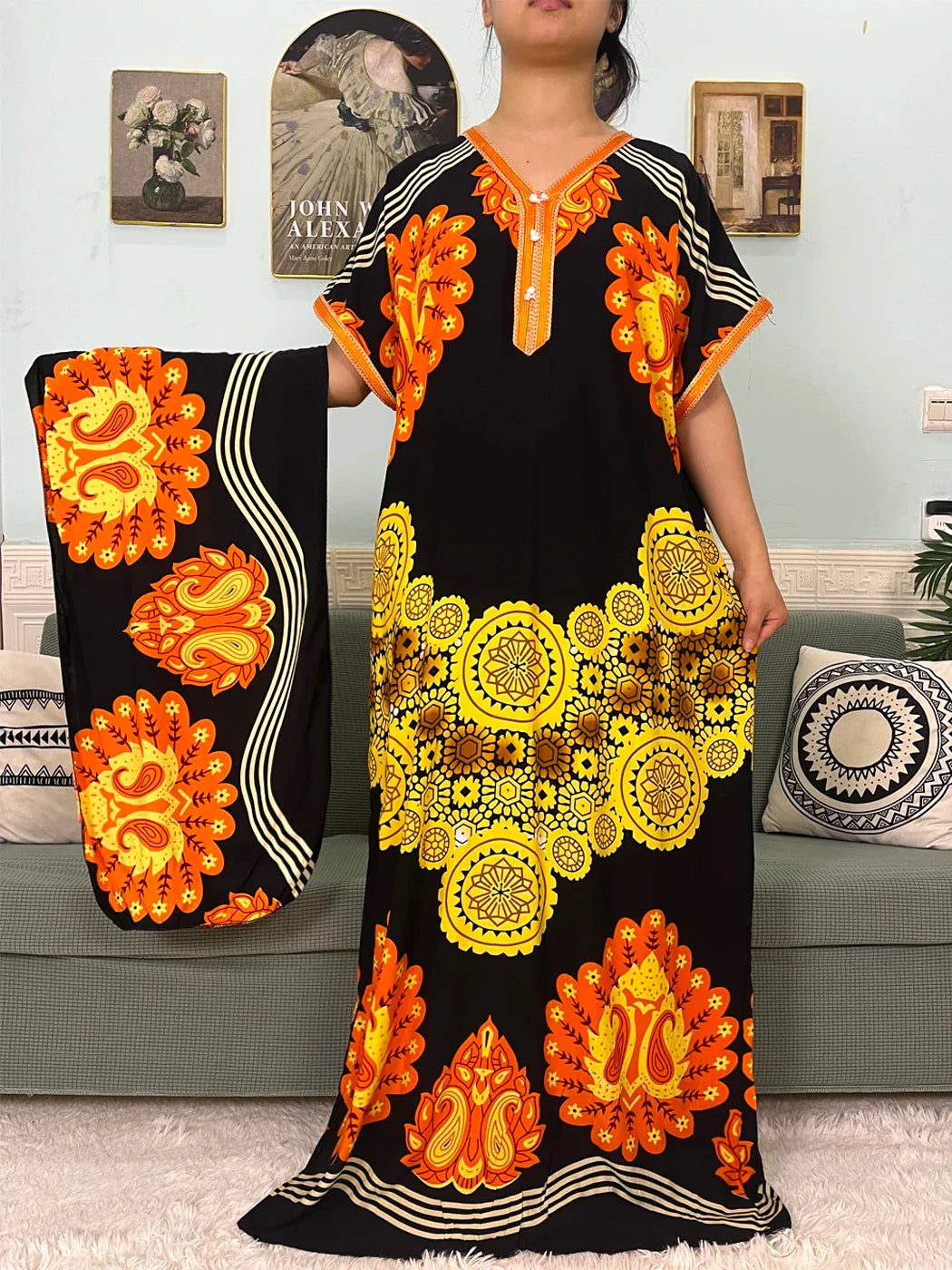 2024 algodão muçulmano abayas para mulheres apliques impresso caftan marroquino femme robe boubou africano islam vestidos com lenço