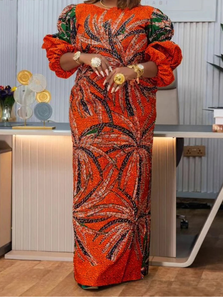 Vestido Feminino Abaya Longo Vintage Estampa Digital Algodão Manga Bufante Religioso Ceremônia Yoruba