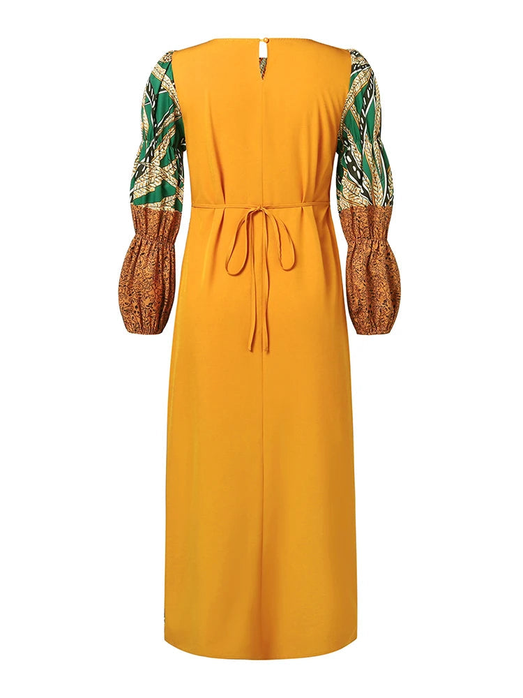 Vestido Feminino Abaya Longo Vintage Estampa Digital Algodão Manga Bufante Religioso Ceremônia Yoruba