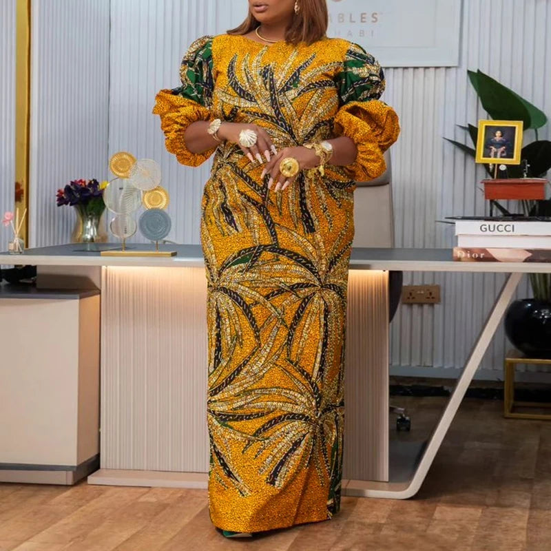 Vestido Feminino Abaya Longo Vintage Estampa Digital Algodão Manga Bufante Religioso Ceremônia Yoruba