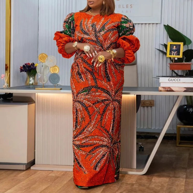 Vestido Feminino Abaya Longo Vintage Estampa Digital Algodão Manga Bufante Religioso Ceremônia Yoruba
