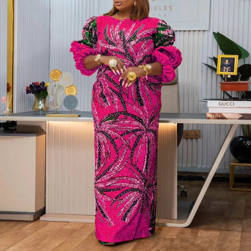 Vestido Feminino Abaya Longo Vintage Estampa Digital Algodão Manga Bufante Religioso Ceremônia Yoruba