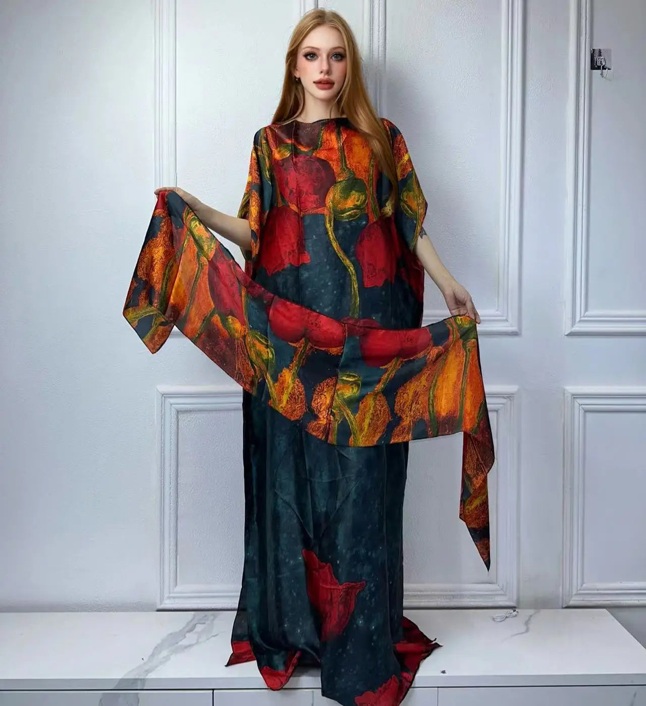 Vestido Feminino Abayas Kaftan Boho com Estampa Africana Digital e Xale Ceremônias e Cultos Yoruba