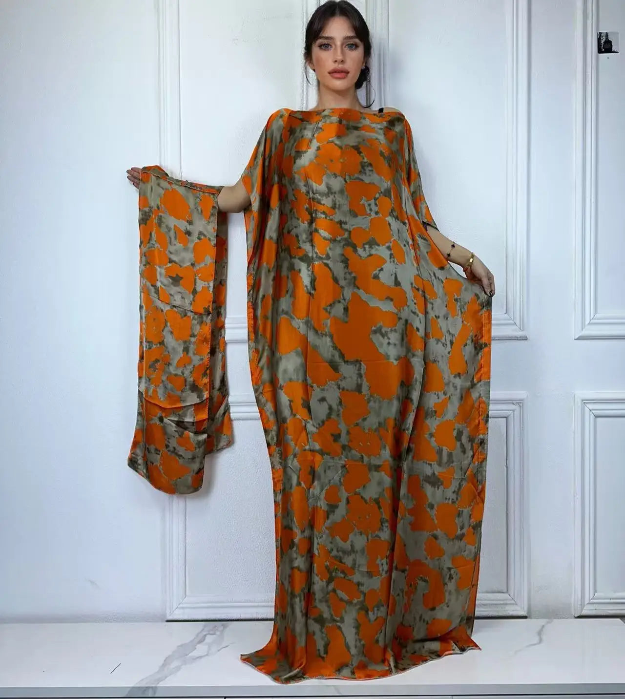 Vestido Feminino Abayas Kaftan Boho com Estampa Africana Digital e Xale Ceremônias e Cultos Yoruba