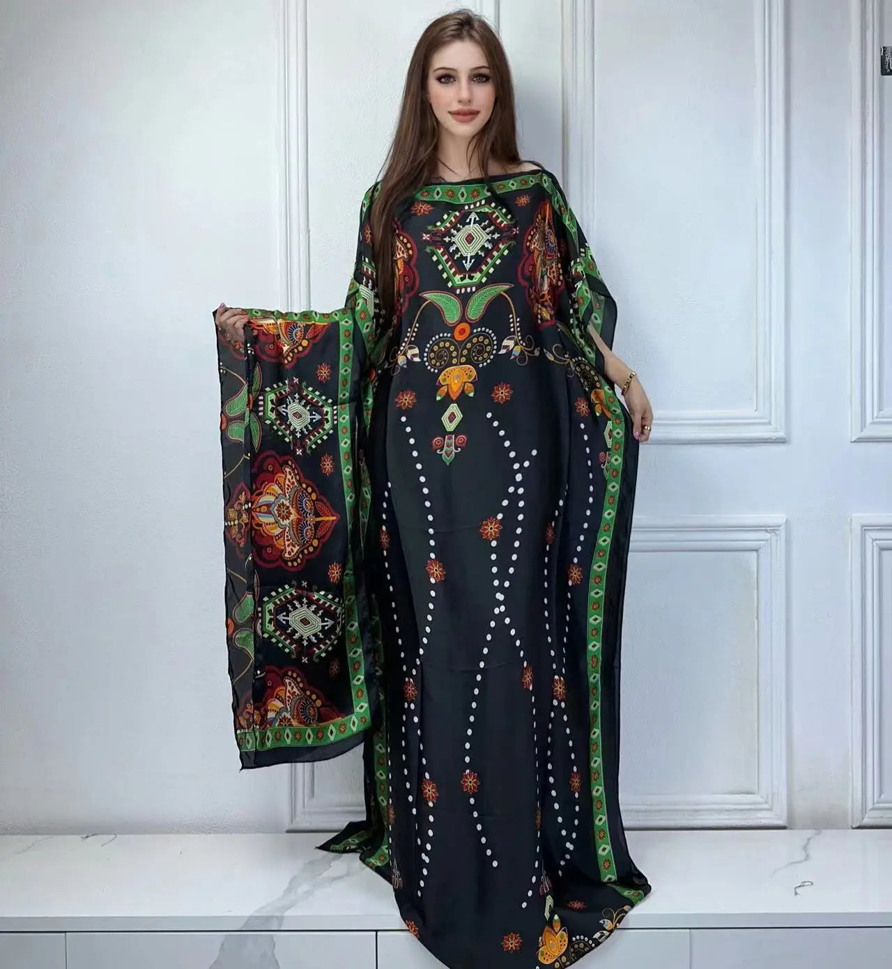 Vestido Feminino Abayas Kaftan Boho com Estampa Africana Digital e Xale Ceremônias e Cultos Yoruba