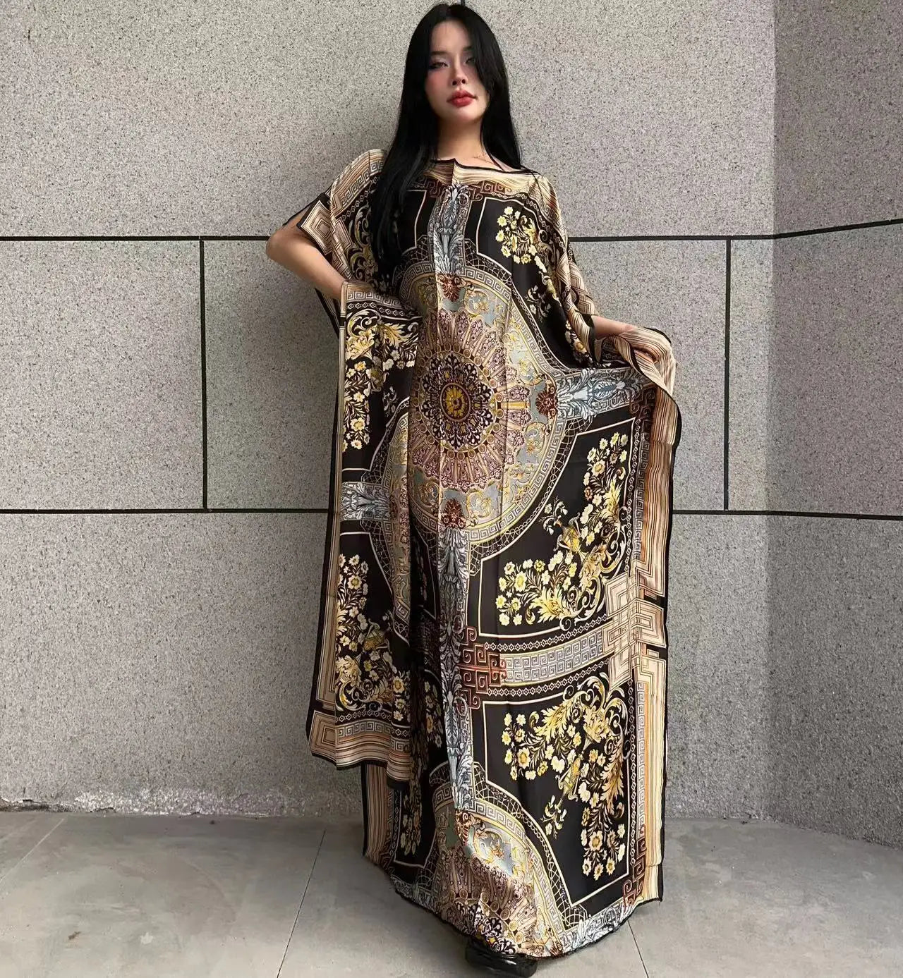 Vestido Feminino Abayas Kaftan Boho com Estampa Africana Digital e Xale Ceremônias e Cultos Yoruba