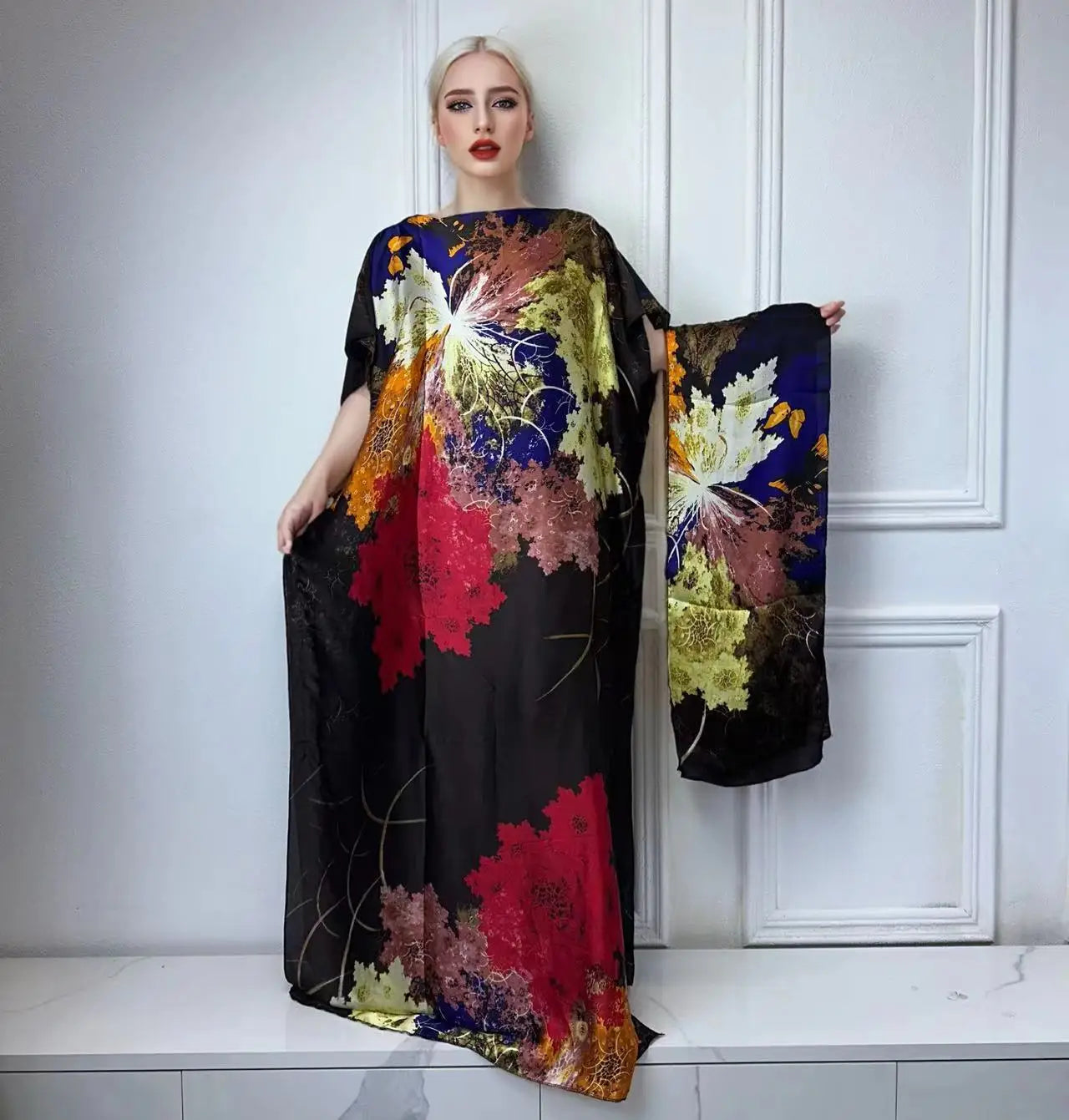 Vestido Feminino Abayas Kaftan Boho com Estampa Africana Digital e Xale Ceremônias e Cultos Yoruba
