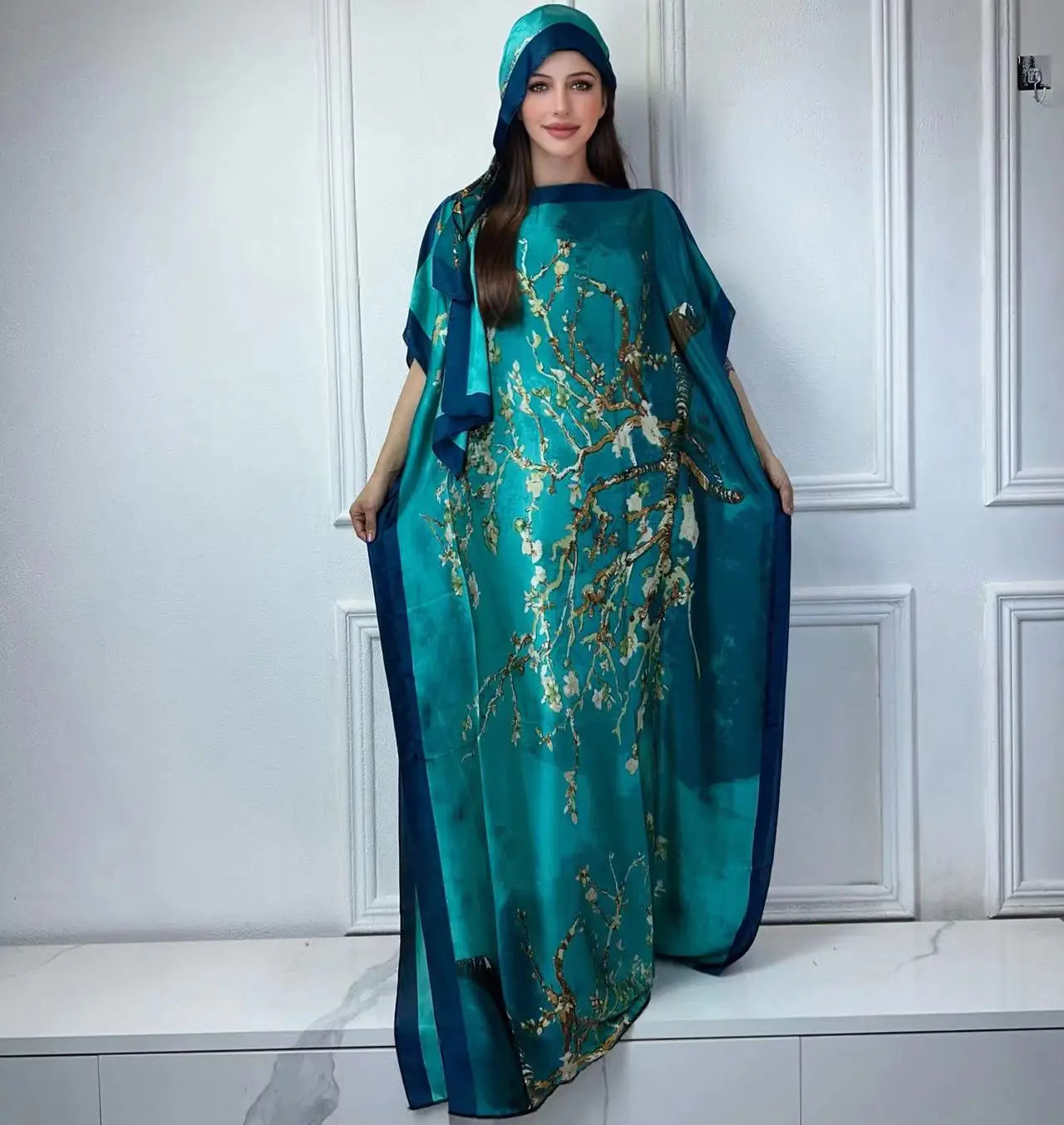 Vestido Feminino Abayas Kaftan Boho com Estampa Africana Digital e Xale Ceremônias e Cultos Yoruba