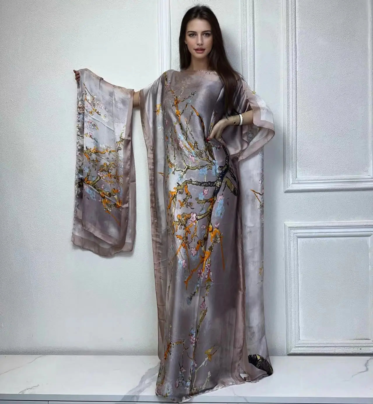 Vestido Feminino Abayas Kaftan Boho com Estampa Africana Digital e Xale Ceremônias e Cultos Yoruba