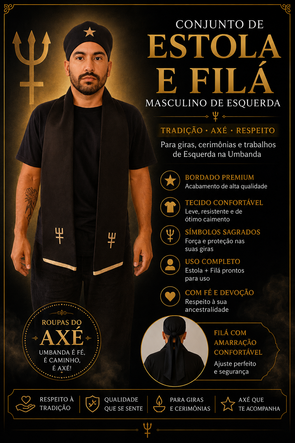 Conjunto de Estola e Filá Masculino de Esquerda | Roupas Umbanda | Axê Terreiro Gira Medium Sacerdote Ritual Ceremonia