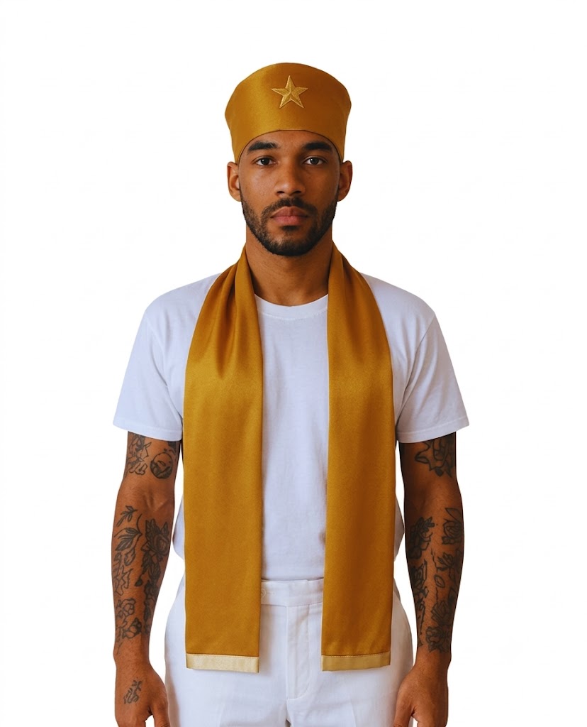 Kit Sacerdotal Masculino Dourado Filá e Estola Turbante Sacerdote Pai de Santo Roupas de Umbanda Terreiro