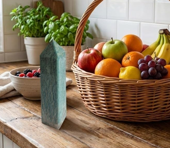 Amazonita Natural lapidada em formato hexagonal de 16 cm, peça única com coloração verde suave.