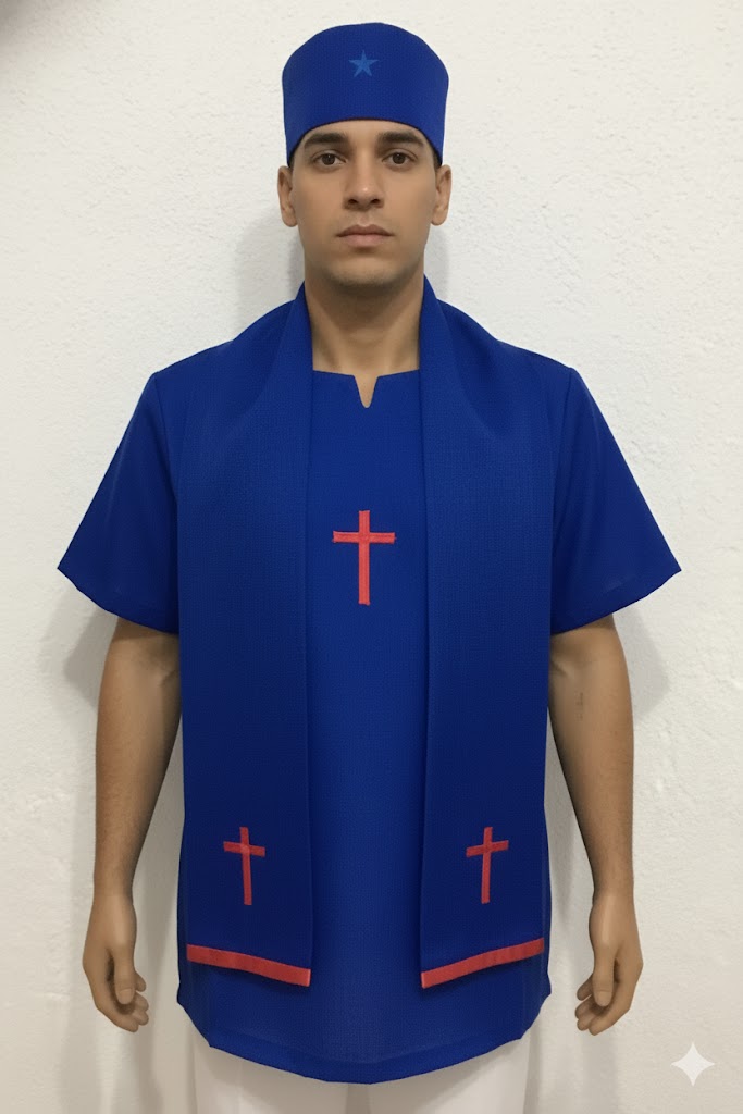 Bata Azul Royal Pai Ogum Bordados Roupas Umbanda Terreiro Gira Desenvolvimento Mediúnico