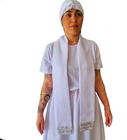 Conjunto Feminino Pano de Cabeça e Estola Branca com Renda Bordada Dourada para Umbanda | Roupas do Axê