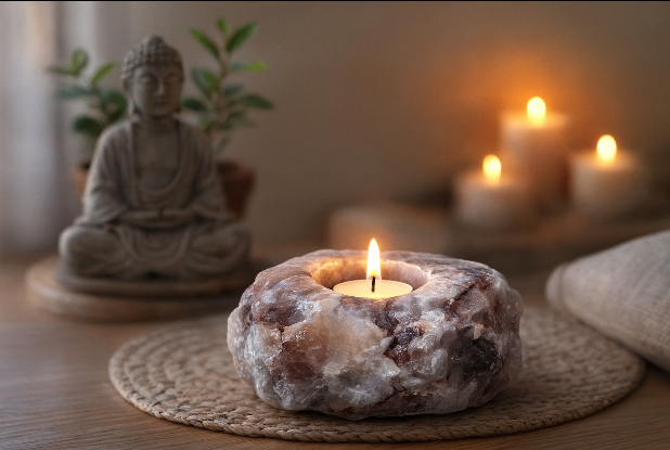 Porta-Velas em Quartzo Hematoide Natural – Castiçal em Pedra Natural – Trono da Justiça Pai Xangô | Roupas do Axê