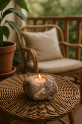 Porta-Velas em Quartzo Hematoide Natural – Castiçal em Pedra Natural – Trono da Justiça Pai Xangô | Roupas do Axê