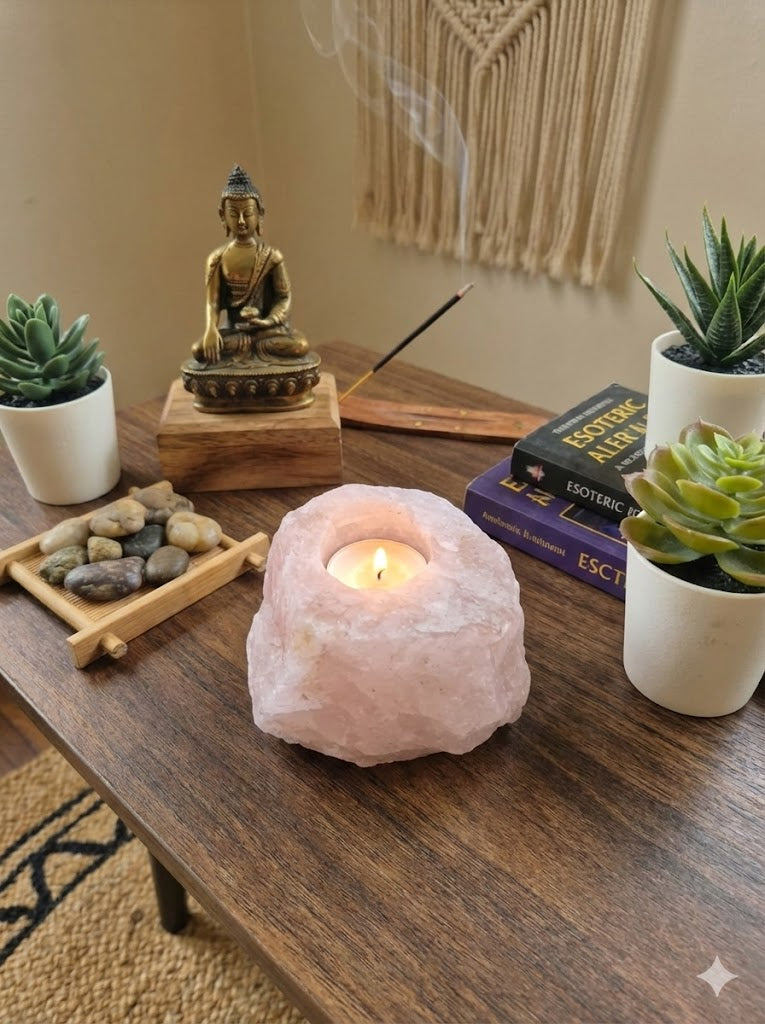 Castiçal em Quartzo Rosa Natural para decoração em pedra natural.
