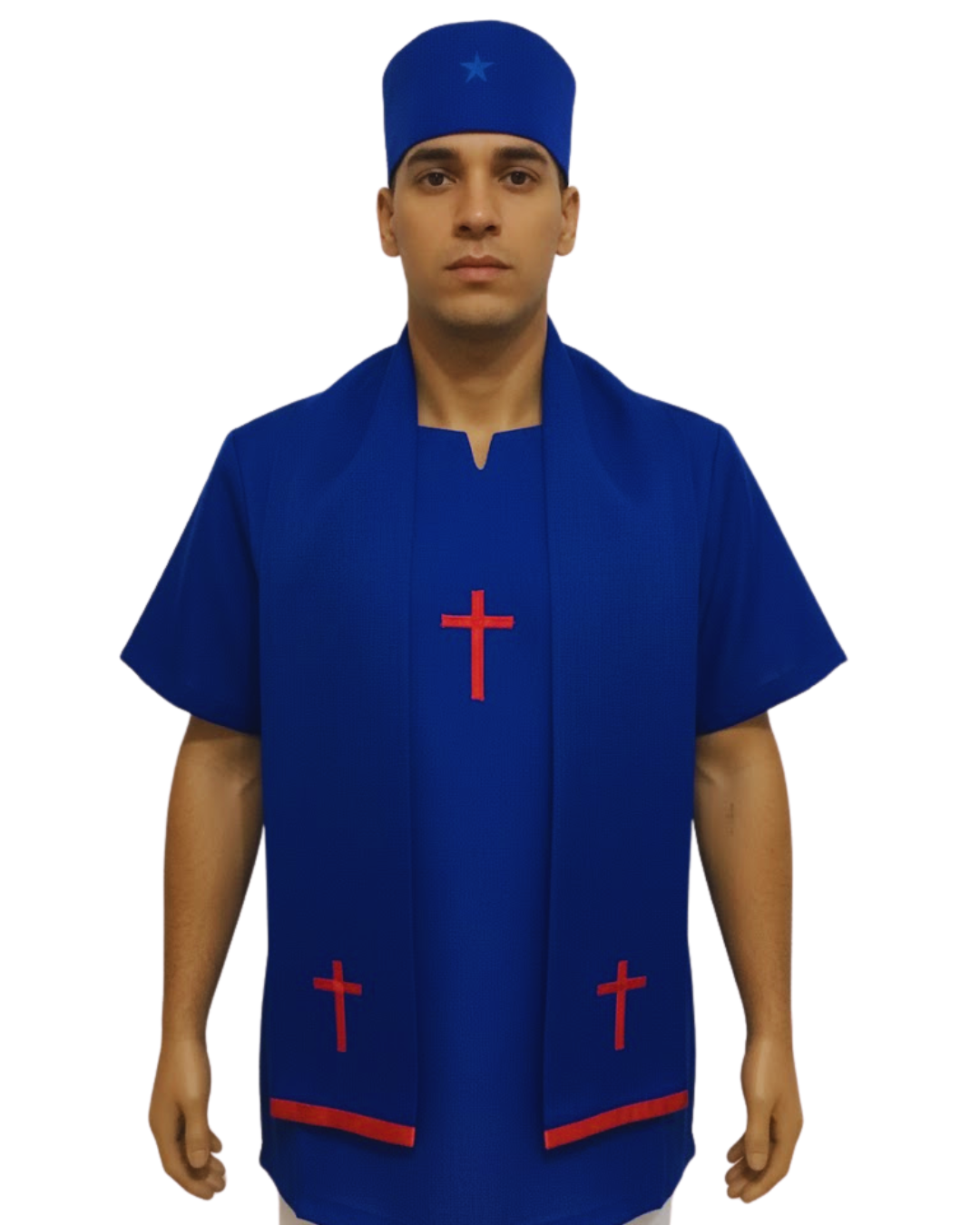 Bata Azul Royal Pai Ogum Bordados Roupas Umbanda Terreiro Gira Desenvolvimento Mediúnico