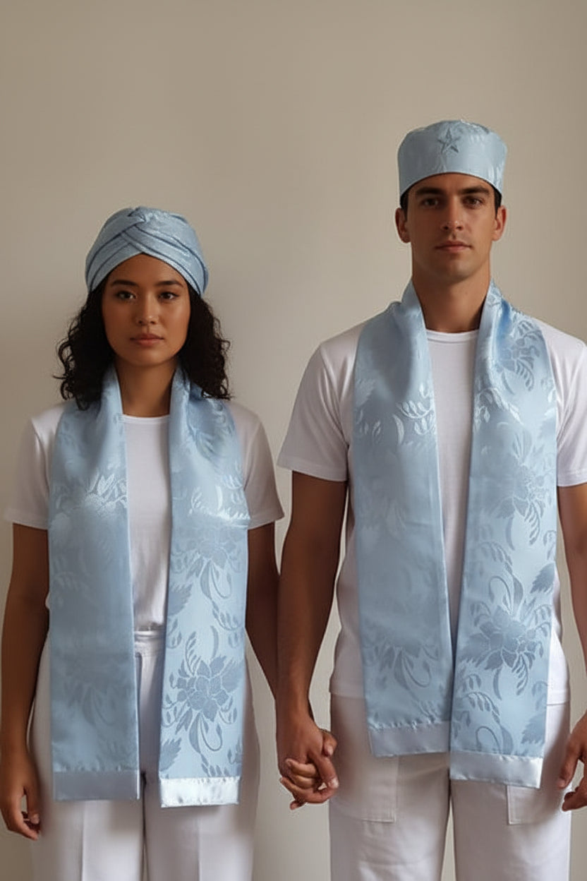 Conjunto de Estola e Filá Jacquard Azul Claro Umbanda Roupas Axê Terreiro Mãe Yemanjà Gira 