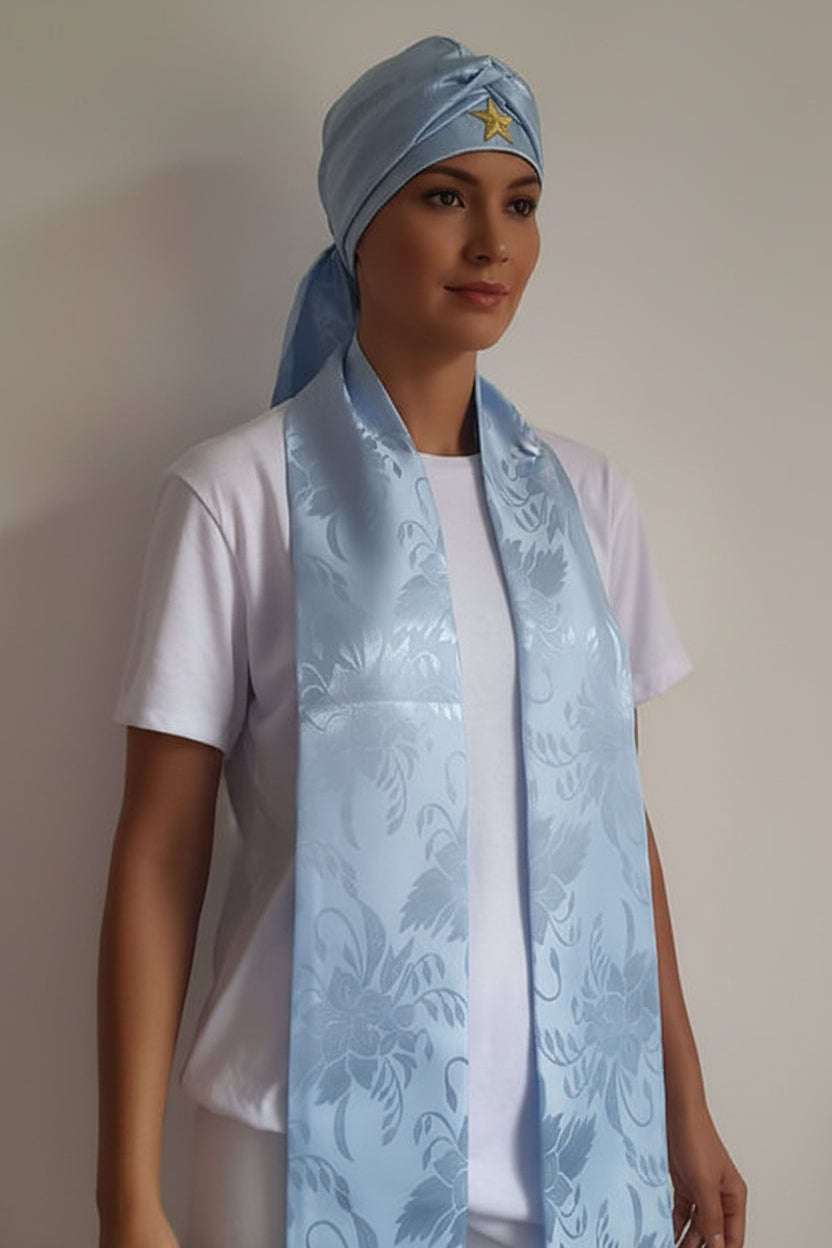 Conjunto de Estola e Filá Jacquard Azul Claro Umbanda Roupas Axê Terreiro Mãe Yemanjà Gira 