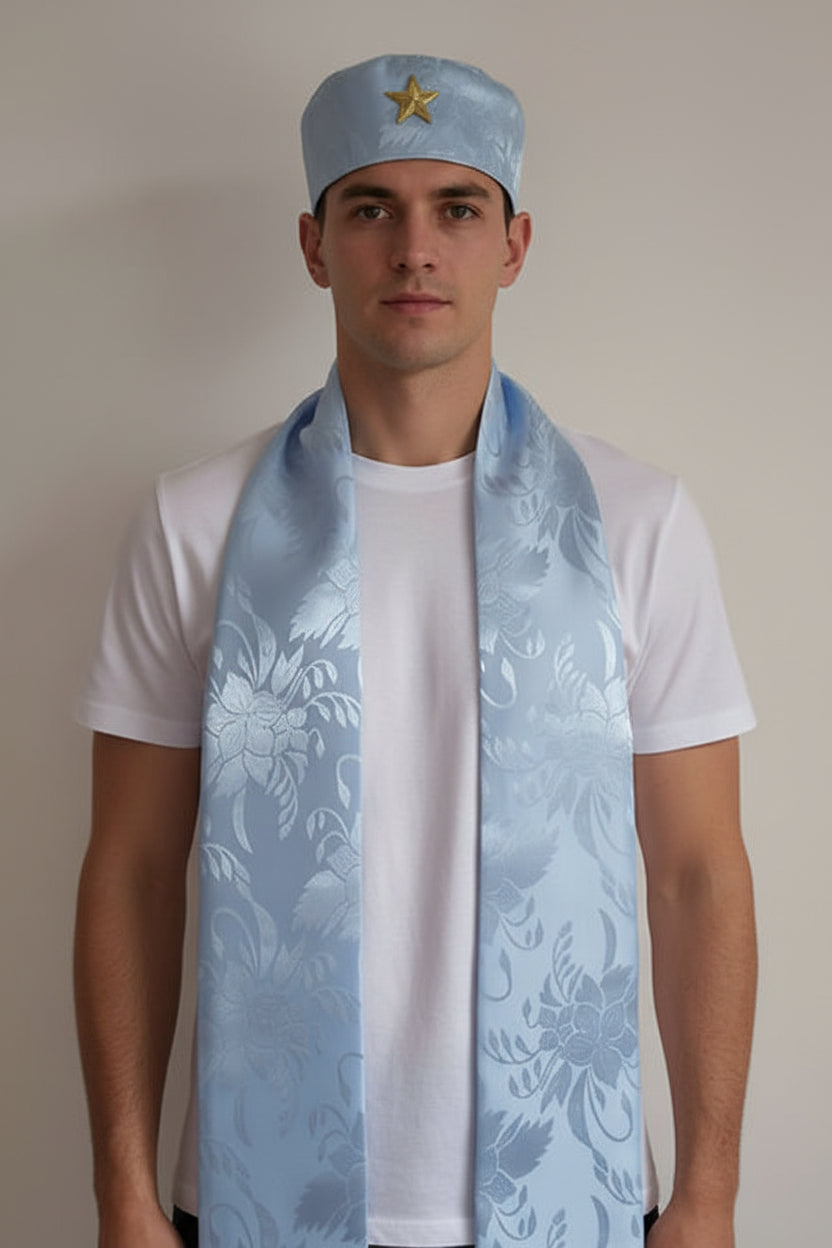 Conjunto de Estola e Filá Jacquard Azul Claro Umbanda Roupas Axê Terreiro Mãe Yemanjà Gira 