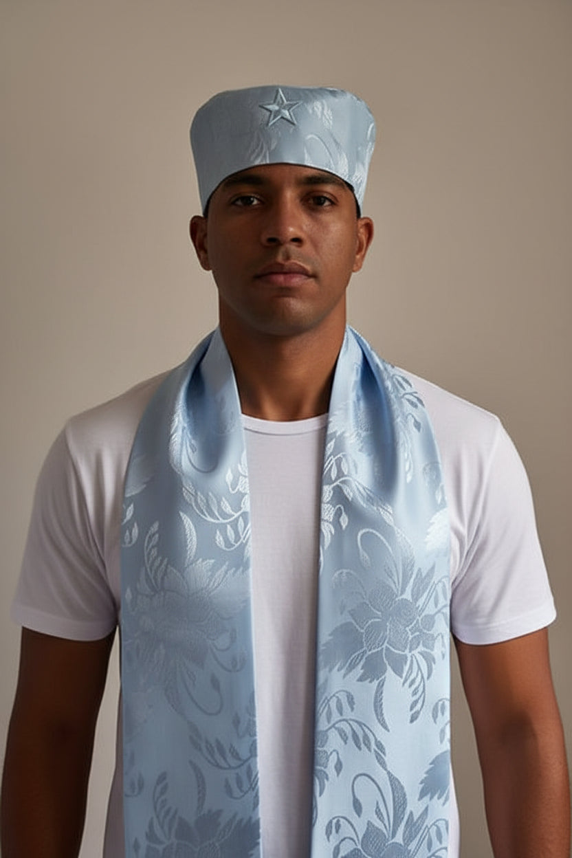 Conjunto de Estola e Filá Jacquard Azul Claro Umbanda Roupas Axê Terreiro Mãe Yemanjà Gira 