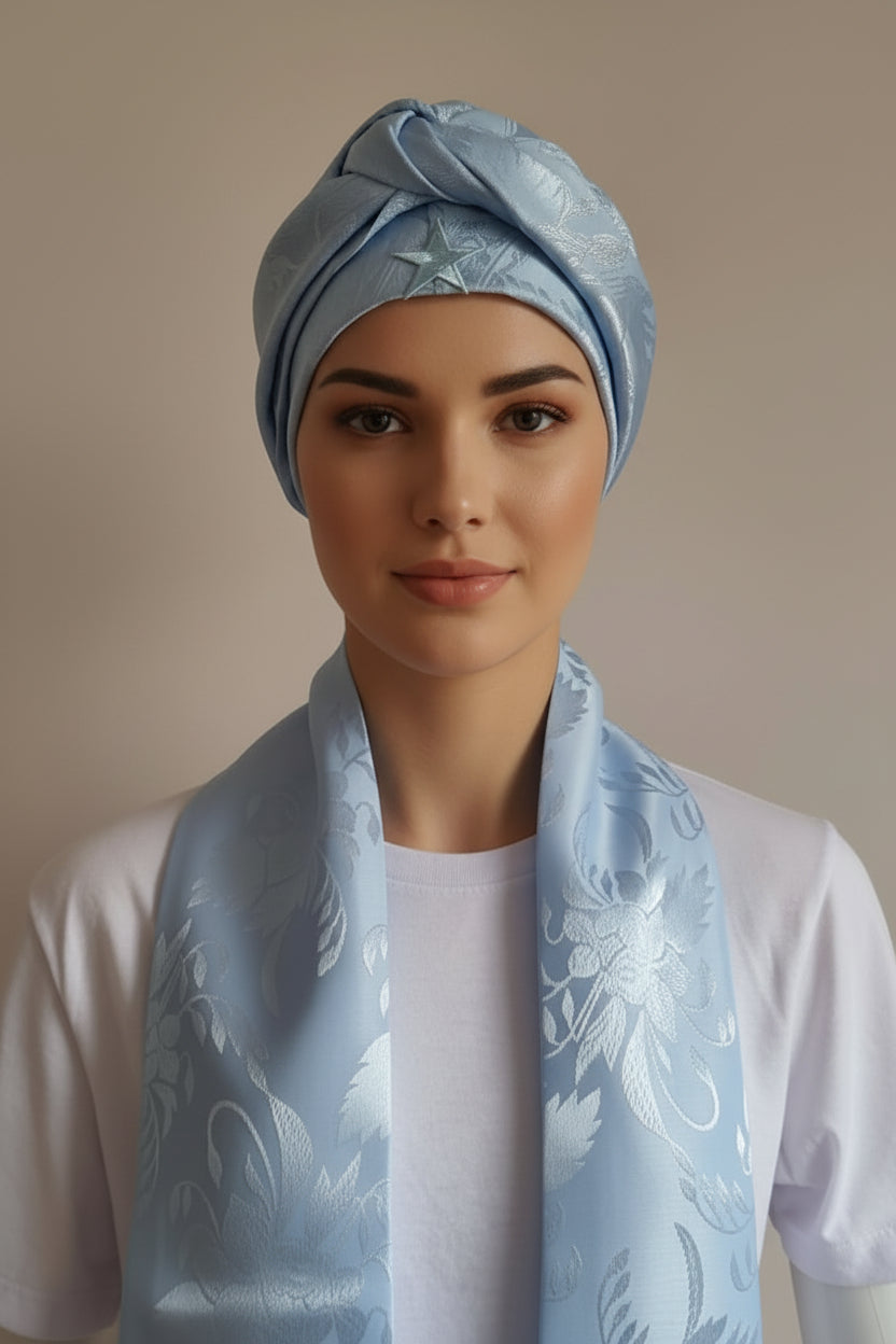 Conjunto de Estola e Filá Jacquard Azul Claro Umbanda Roupas Axê Terreiro Mãe Yemanjà Gira 
