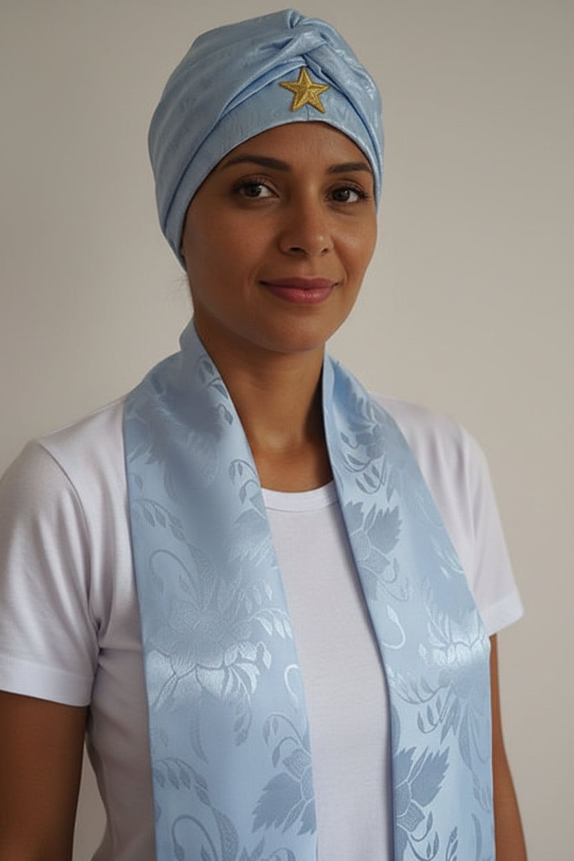 Conjunto de Estola e Filá Jacquard Azul Claro Umbanda Roupas Axê Terreiro Mãe Yemanjà Gira 
